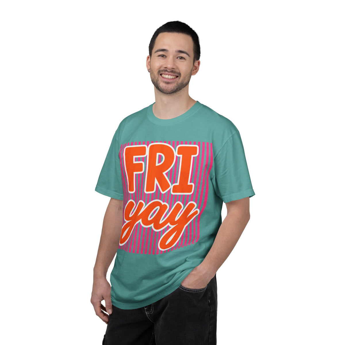 FRI yay T-shirt | Bright Retro Text, Pink Stripes