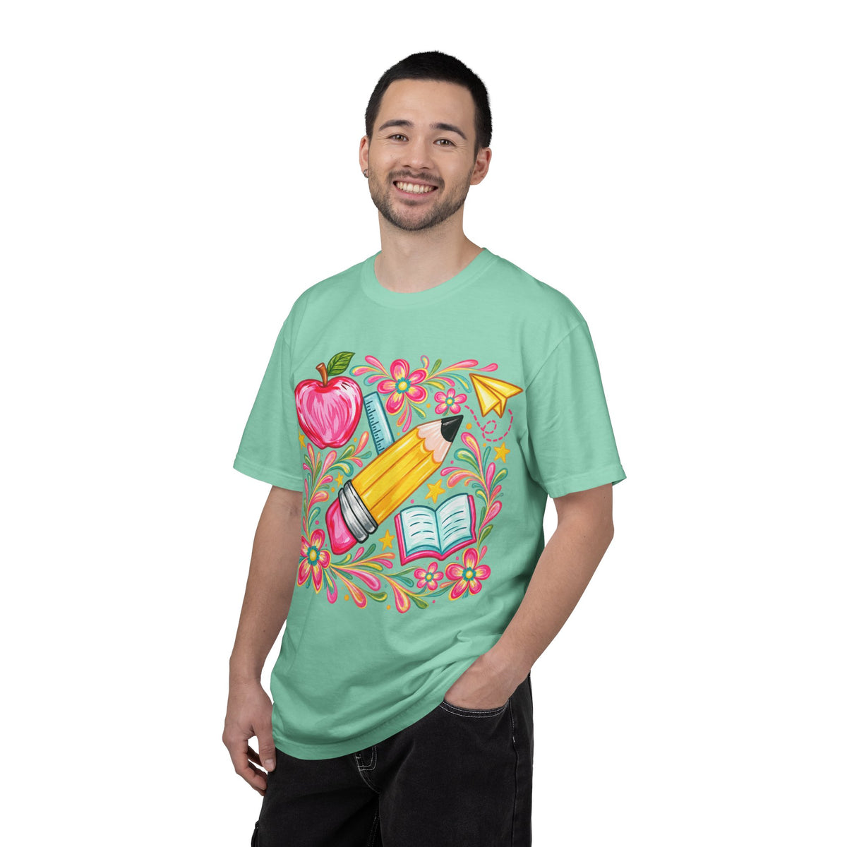 School Supplies Pencil Apple Floral T-shirt | Teacher Student Back to School