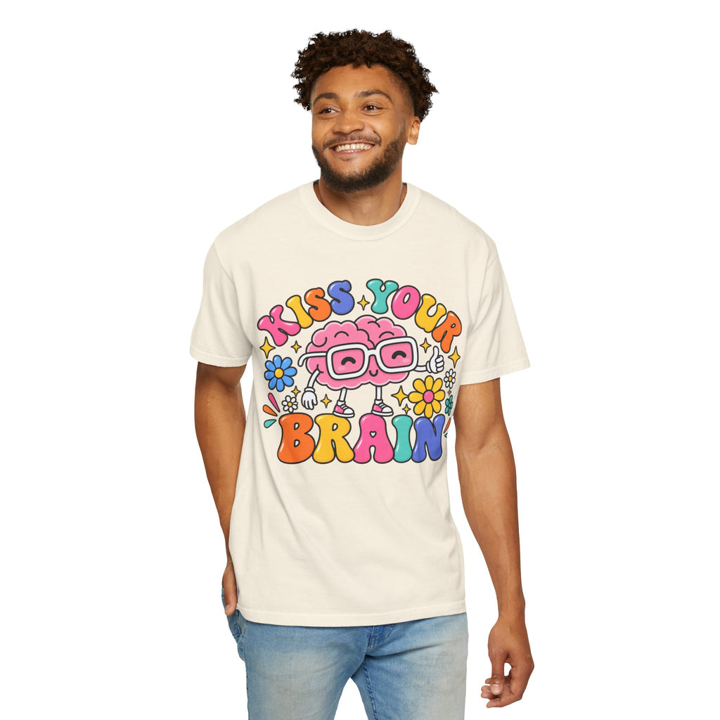 Kiss Your Brain BRI TEE | T-Shirt, Retro Cartoon Brain with Flowers