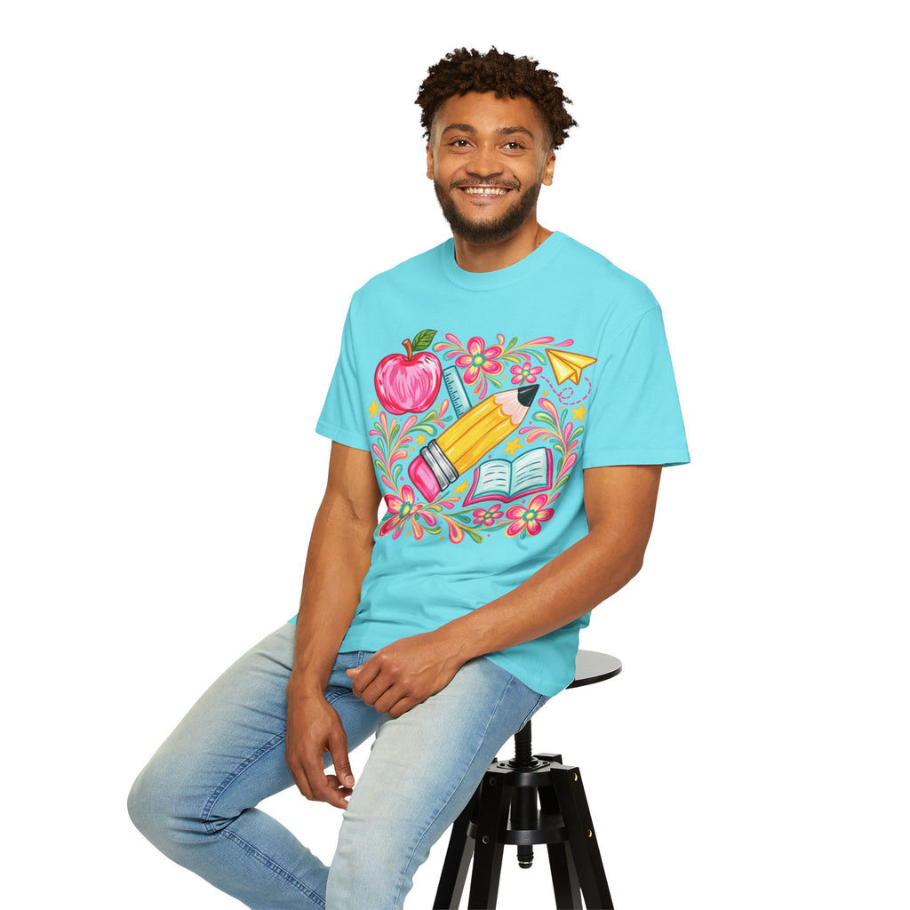 School Supplies Pencil Apple Floral T-shirt | Teacher Student Back to School