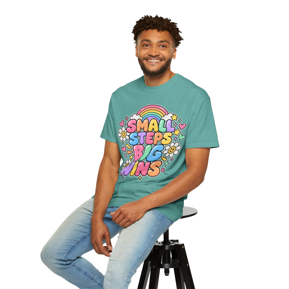 Small Steps Big Wins T-shirt | Retro Rainbow Positive Graphic