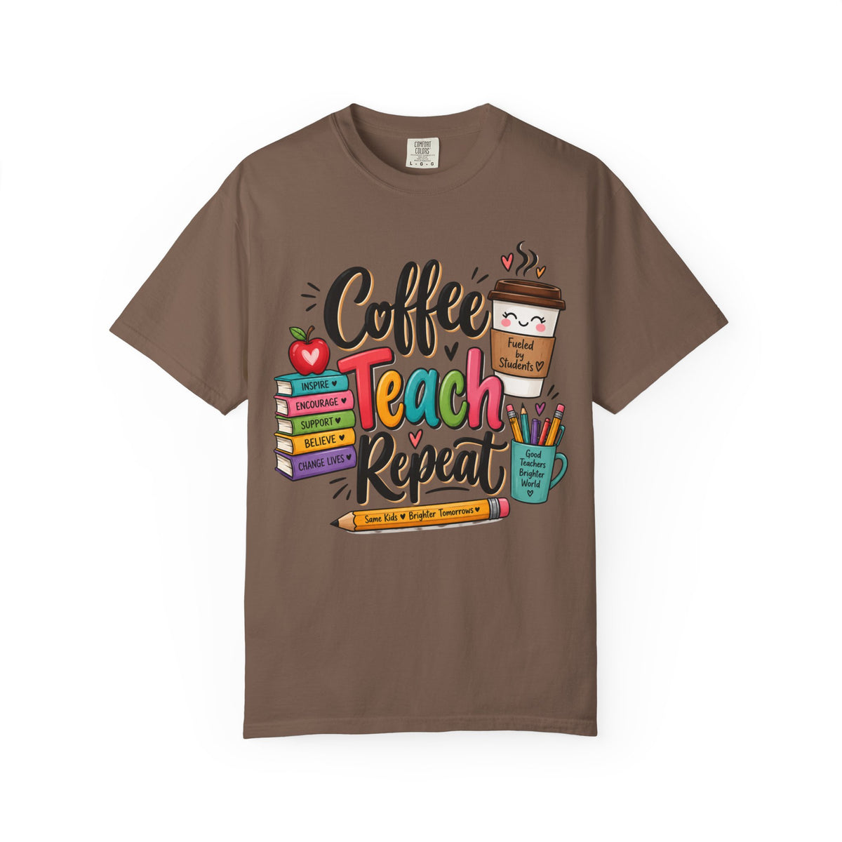 Coffee Teach Repeat T-shirt | Teacher Coffee Book Stack Pencil Mug Design