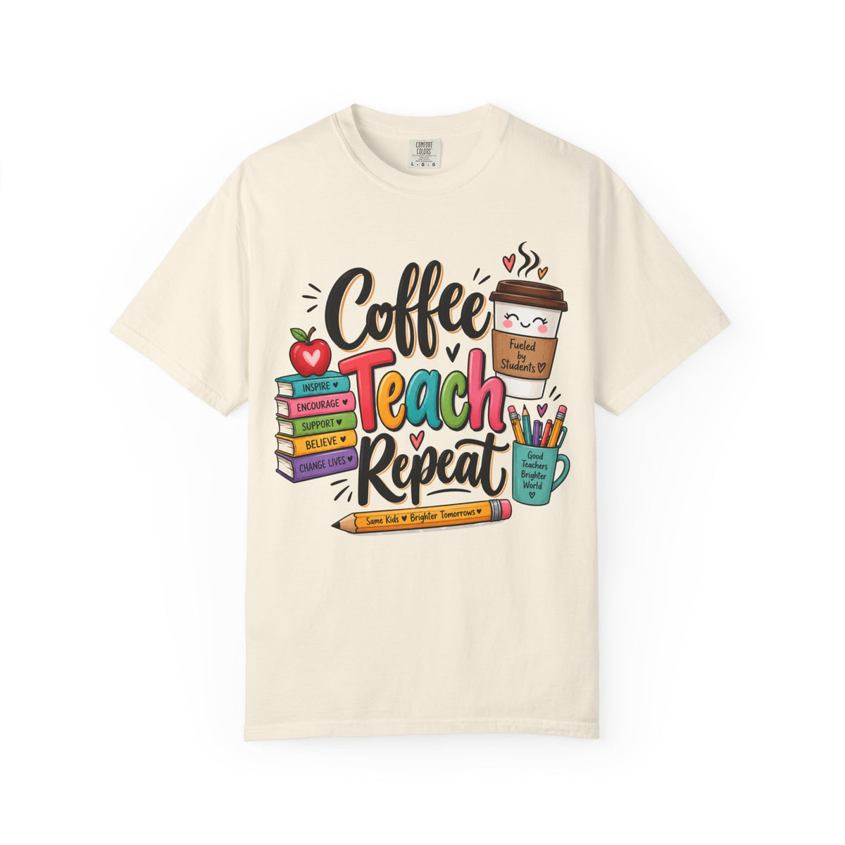 Coffee Teach Repeat T-shirt | Teacher Coffee Book Stack Pencil Mug Design