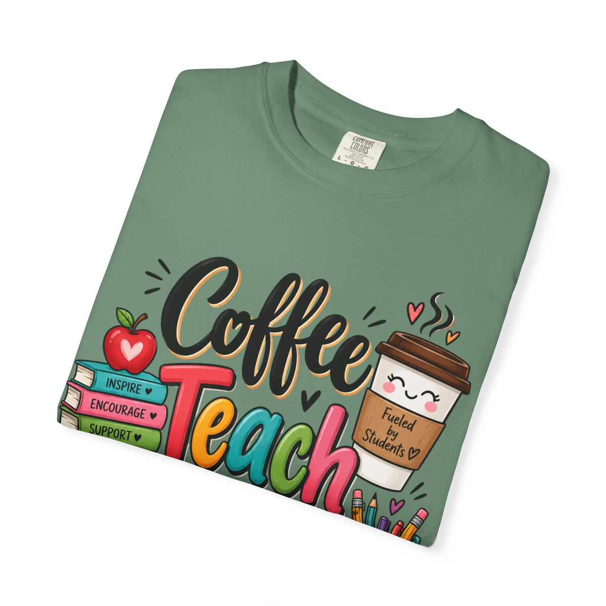 Coffee Teach Repeat T-shirt | Teacher Coffee Book Stack Pencil Mug Design