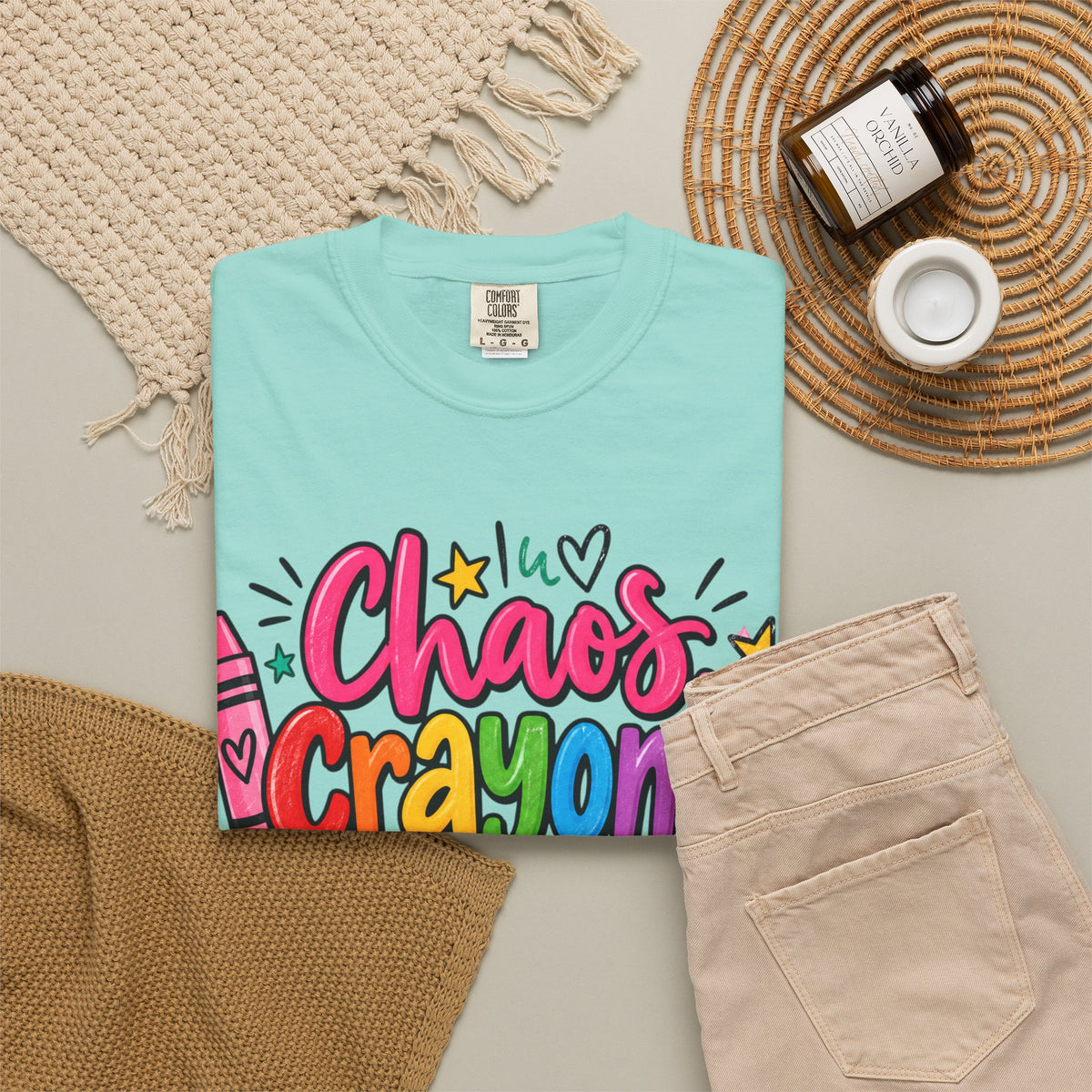 Chaos Crayons & Confidence T-shirt | Colorful Crayon School Art Tee