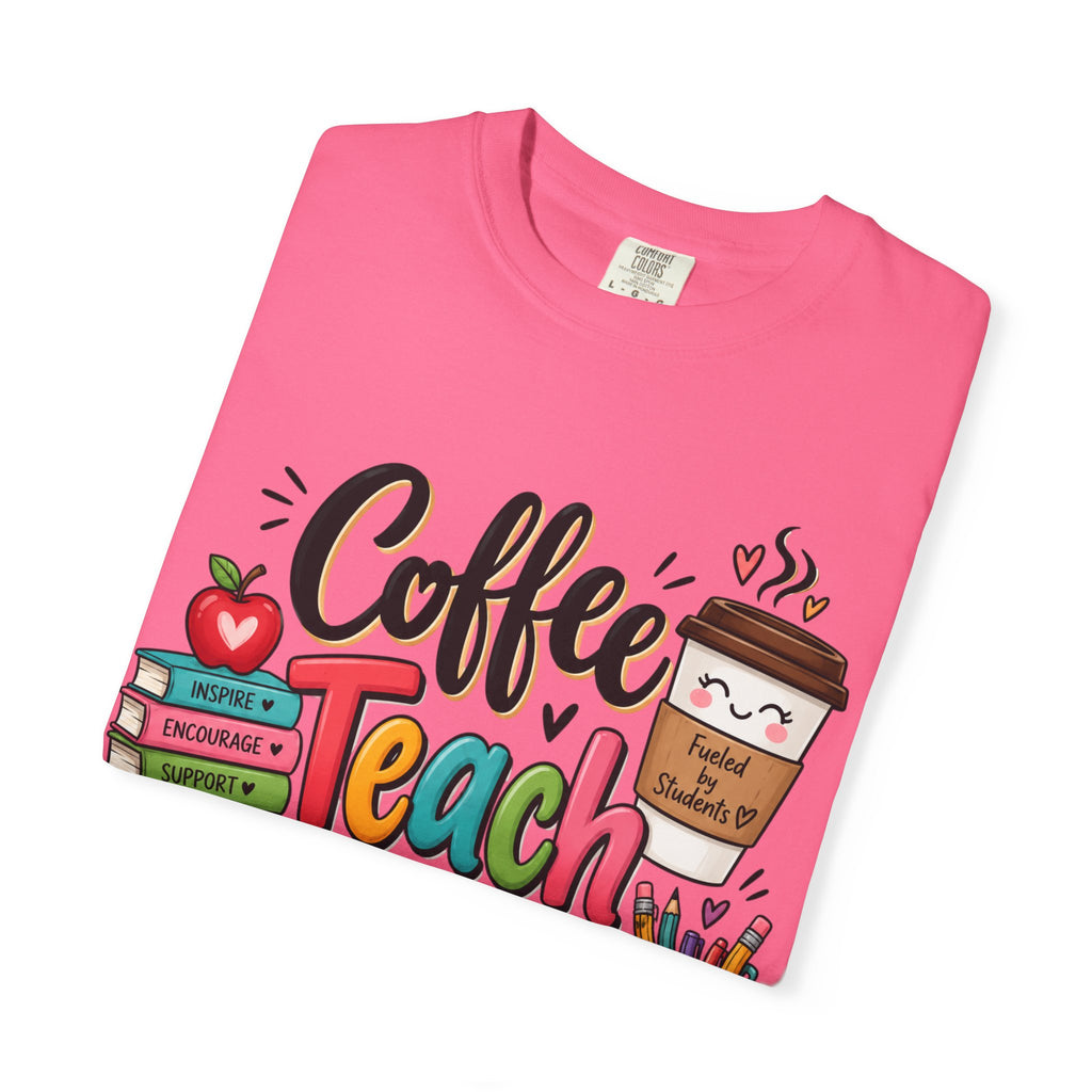 Coffee Teach Repeat T-shirt | Teacher Coffee Book Stack Pencil Mug Design