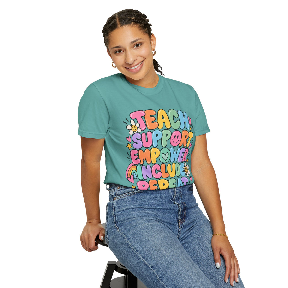 Teach Support Empower Include Repeat T-shirt | Rainbow Positivity Tee