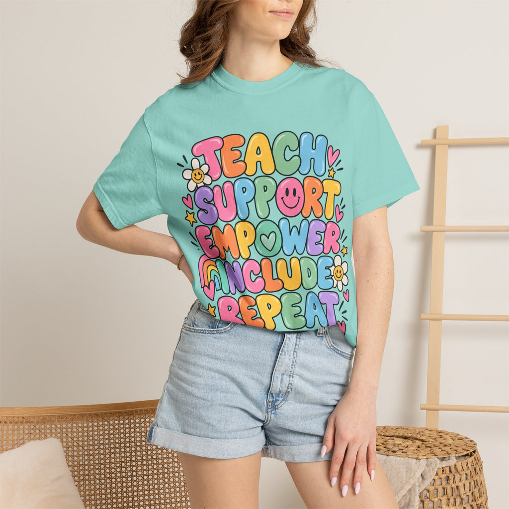 Teach Support Empower Include Repeat T-shirt | Rainbow Positivity Tee