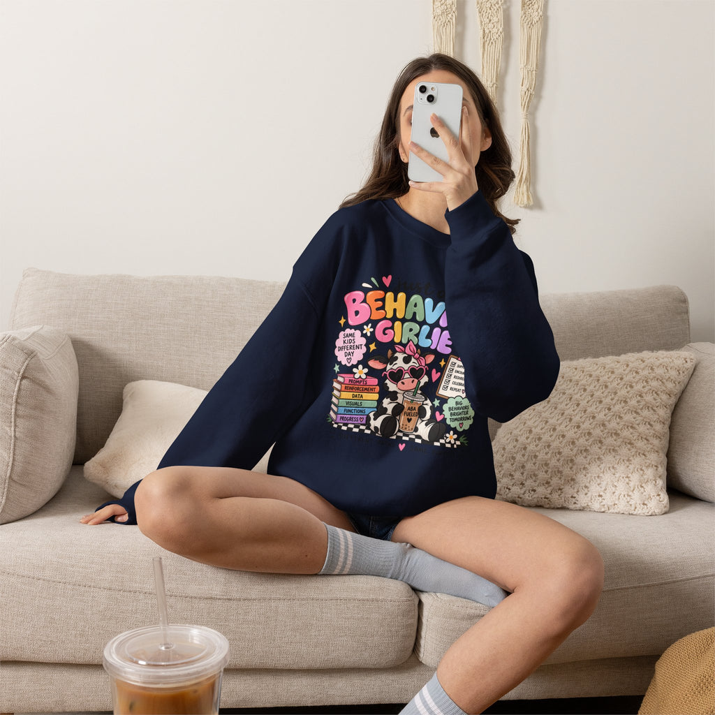 Just a Behavior Girl Crewneck Sweatshirt | Cute Cow Character, Books & Therapy Icons