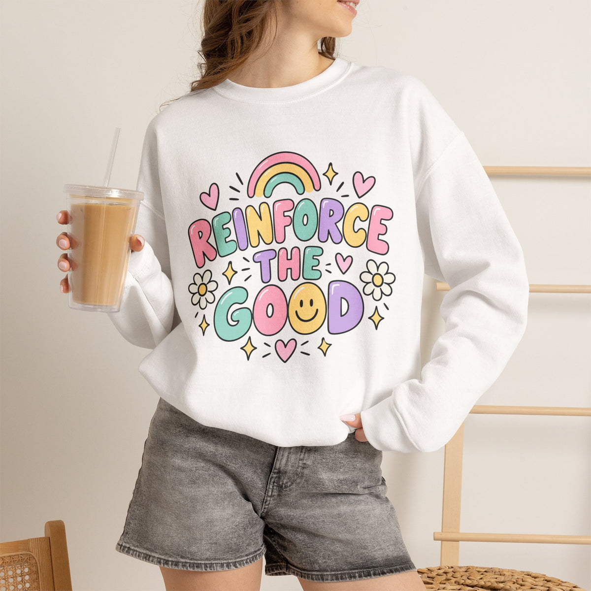Reinforce the Good Crewneck | Rainbow Heart Daisy Positive Message Sweatshirt