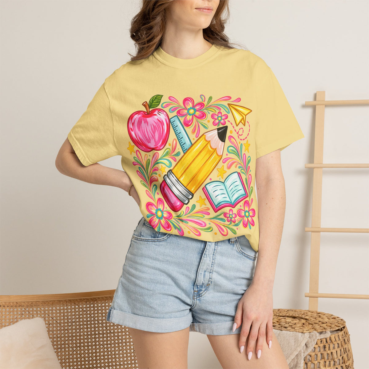 School Supplies Pencil Apple Floral T-shirt | Teacher Student Back to School