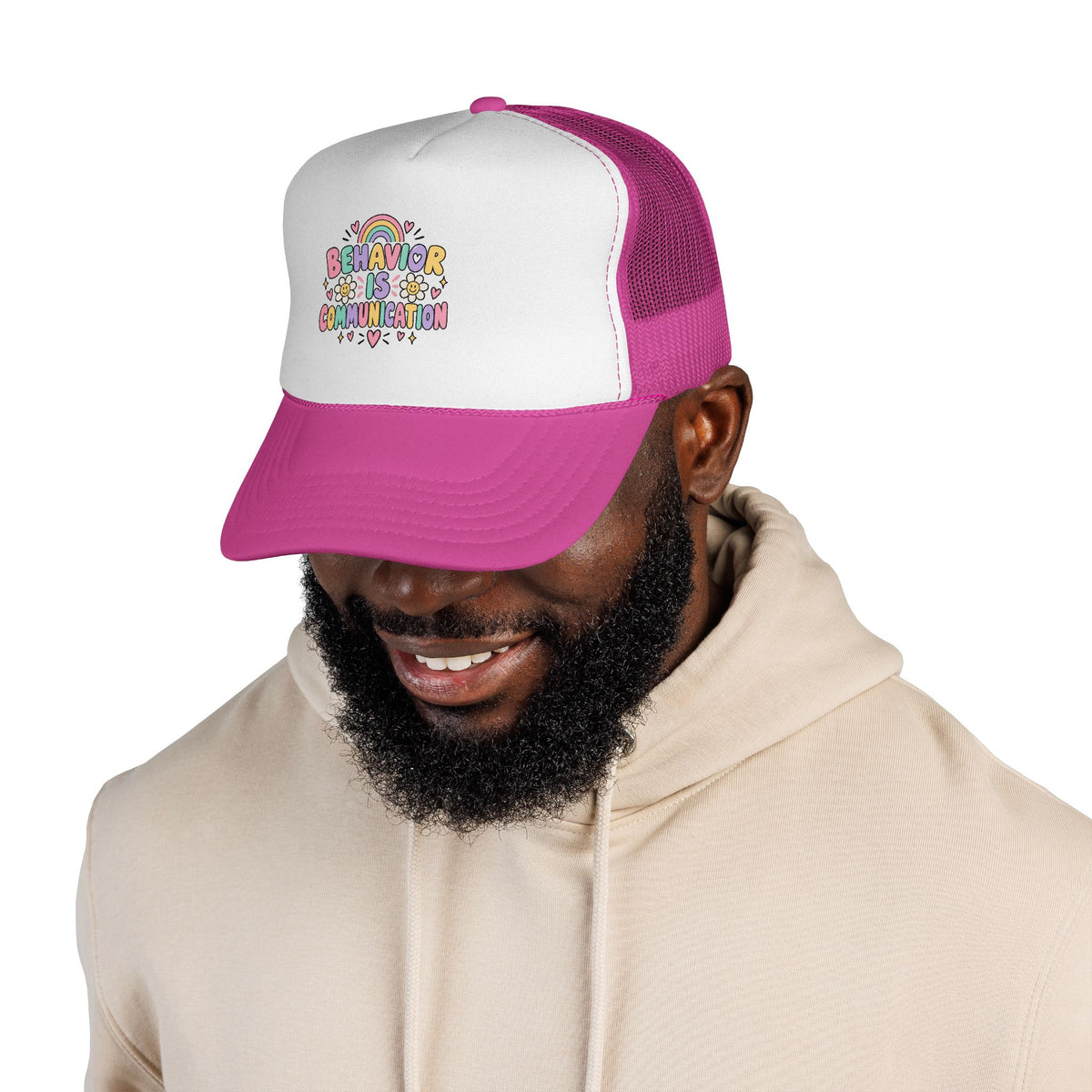 Behavior Is Communication Trucker Cap | Rainbow Floral Illustration