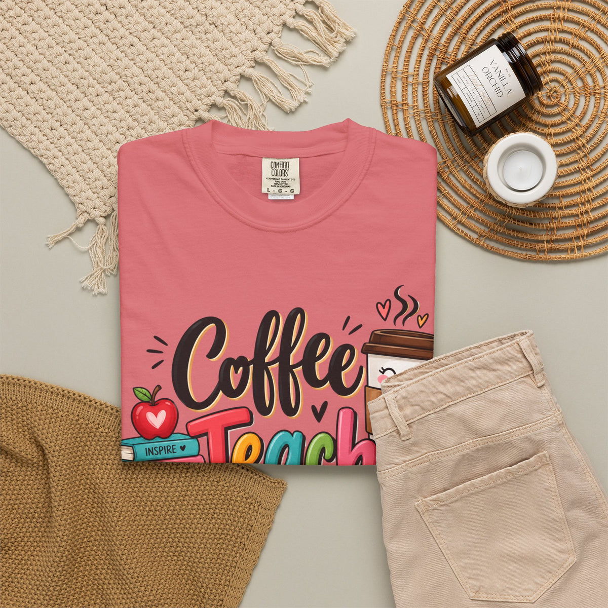 Coffee Teach Repeat T-shirt | Teacher Coffee Book Stack Pencil Mug Design