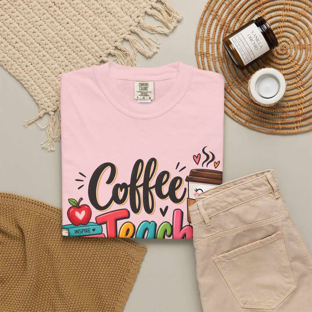Coffee Teach Repeat T-shirt | Teacher Coffee Book Stack Pencil Mug Design