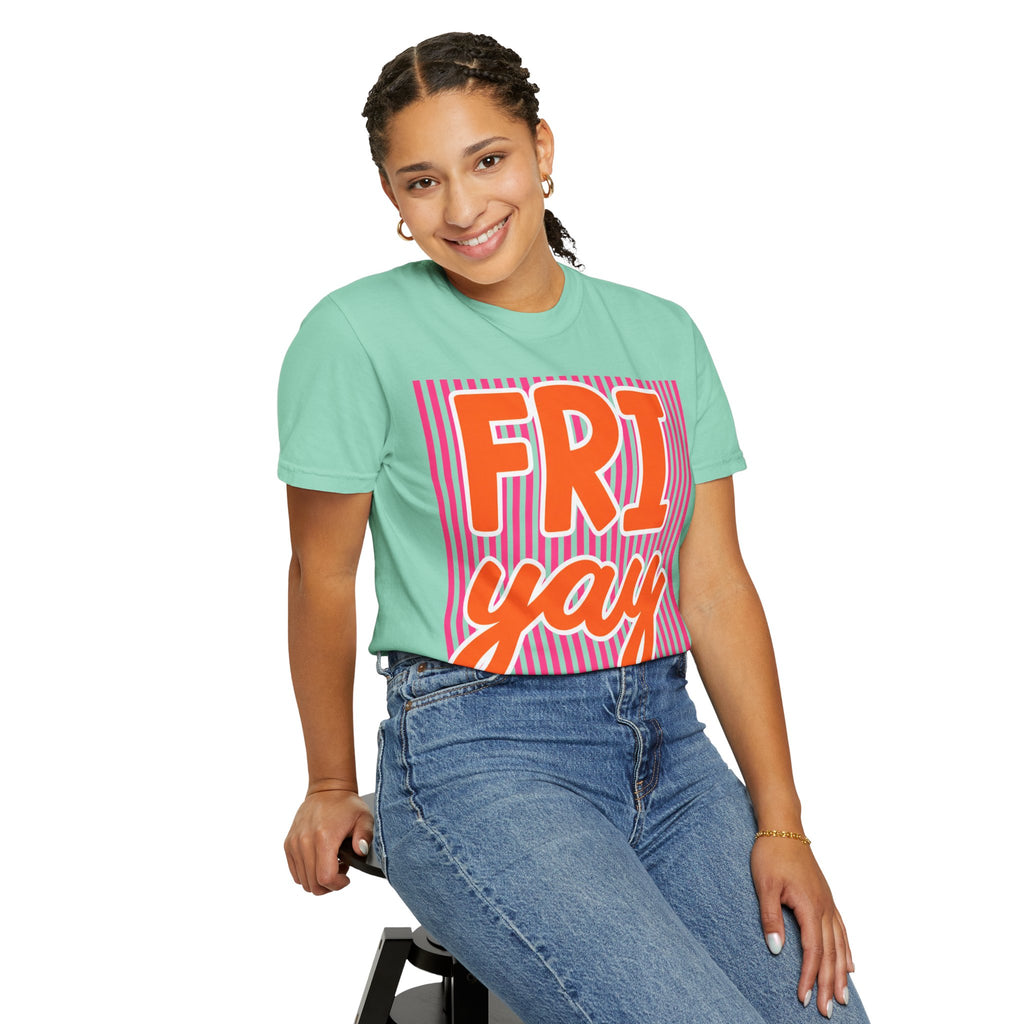 FRI yay T-shirt | Bright Retro Text, Pink Stripes