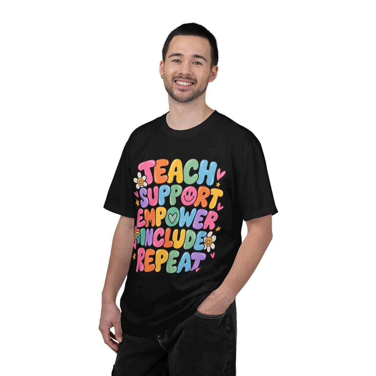 Teach Support Empower Include Repeat T-shirt | Rainbow Positivity Tee
