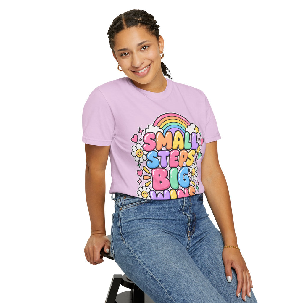 Small Steps Big Wins T-shirt | Retro Rainbow Positive Graphic