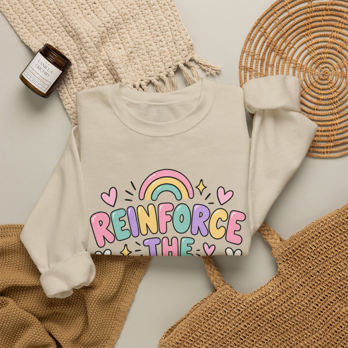 Reinforce the Good Crewneck | Rainbow Heart Daisy Positive Message Sweatshirt