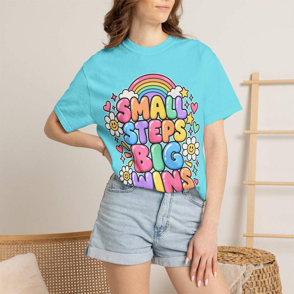 Small Steps Big Wins T-shirt | Retro Rainbow Positive Graphic