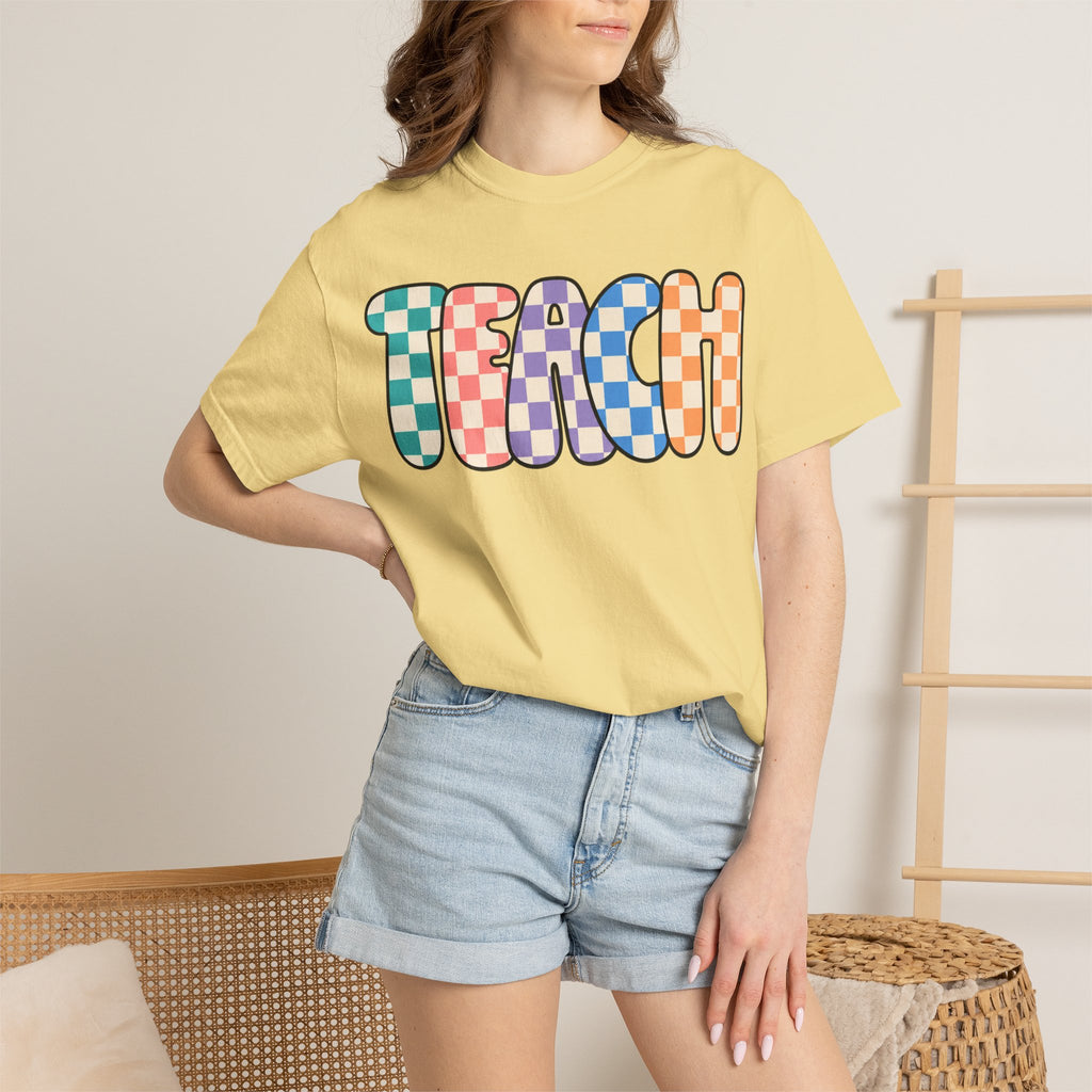 Teach Bubble Letters Checkerboard T-Shirt | Colorful Retro School Tee