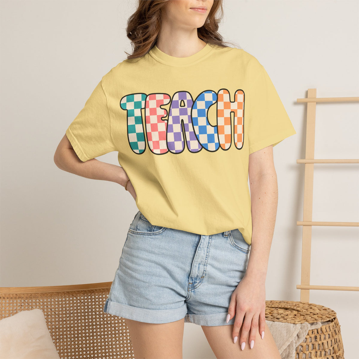 Teach Bubble Letters Checkerboard T-Shirt | Colorful Retro School Tee