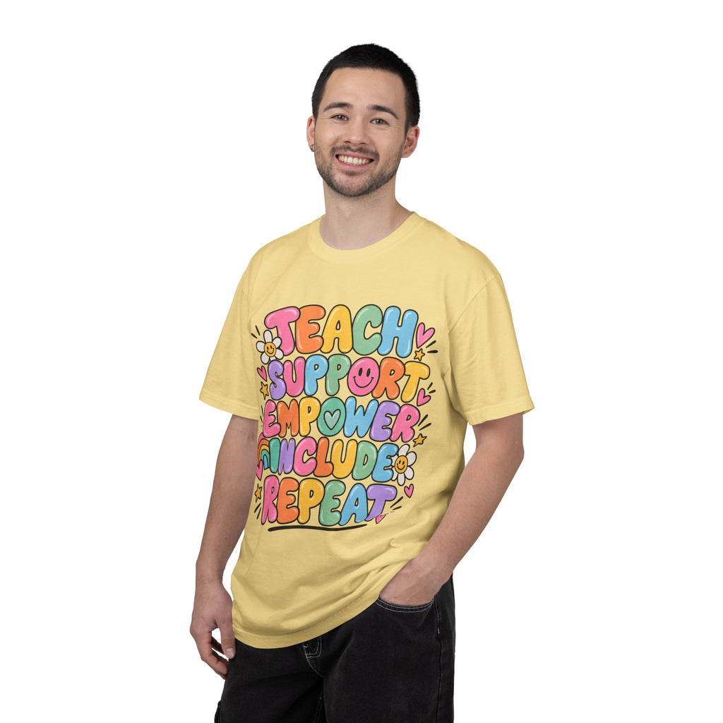 Teach Support Empower Include Repeat T-shirt | Rainbow Positivity Tee