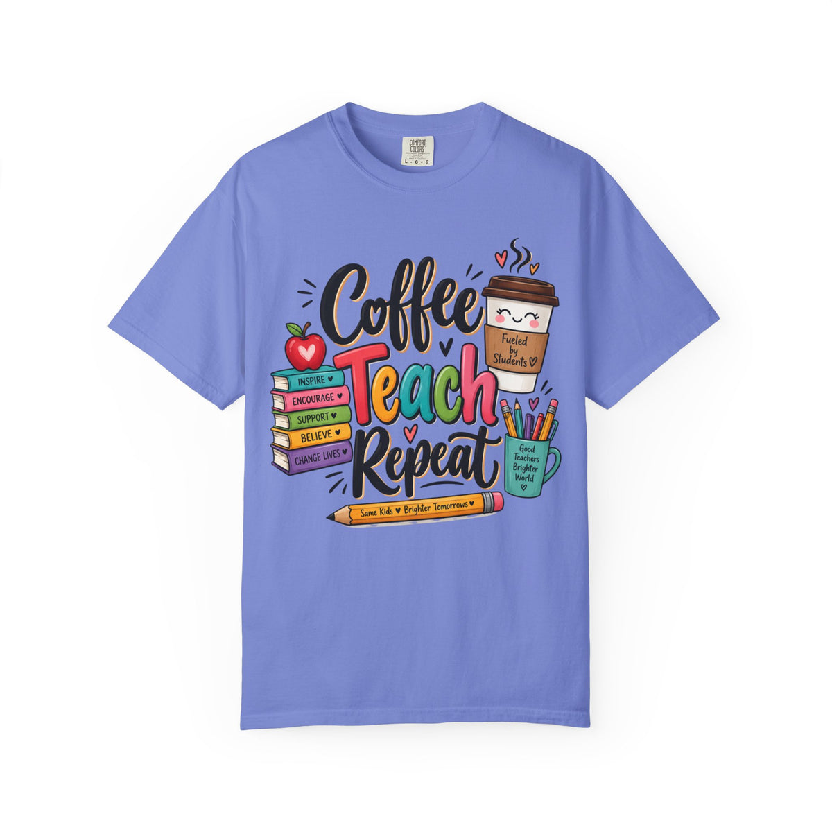 Coffee Teach Repeat T-shirt | Teacher Coffee Book Stack Pencil Mug Design