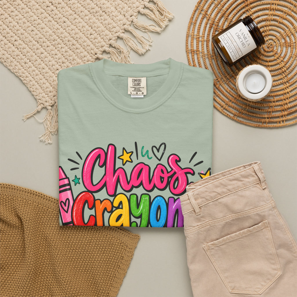 Chaos Crayons & Confidence T-shirt | Colorful Crayon School Art Tee