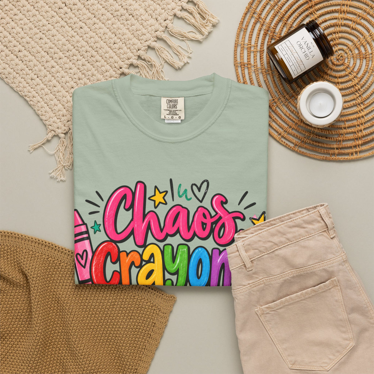 Chaos Crayons & Confidence T-shirt | Colorful Crayon School Art Tee