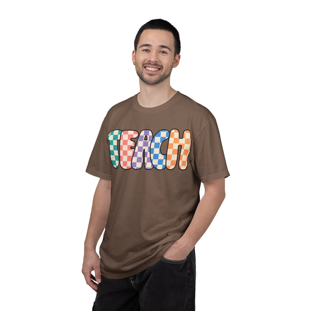 Teach Bubble Letters Checkerboard T-Shirt | Colorful Retro School Tee