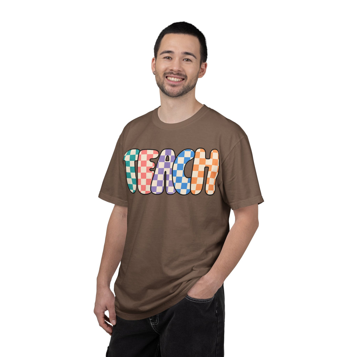 Teach Bubble Letters Checkerboard T-Shirt | Colorful Retro School Tee