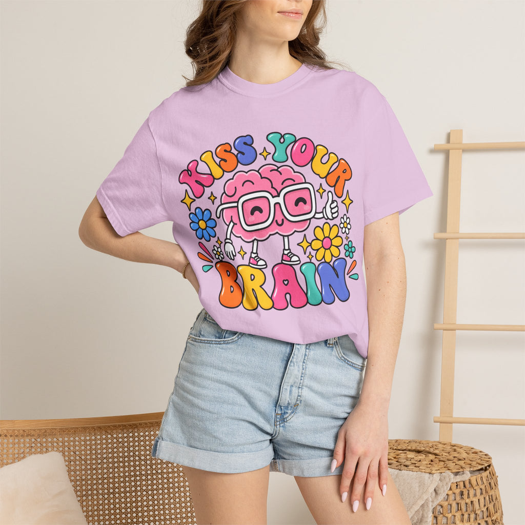 Kiss Your Brain BRI TEE | T-Shirt, Retro Cartoon Brain with Flowers