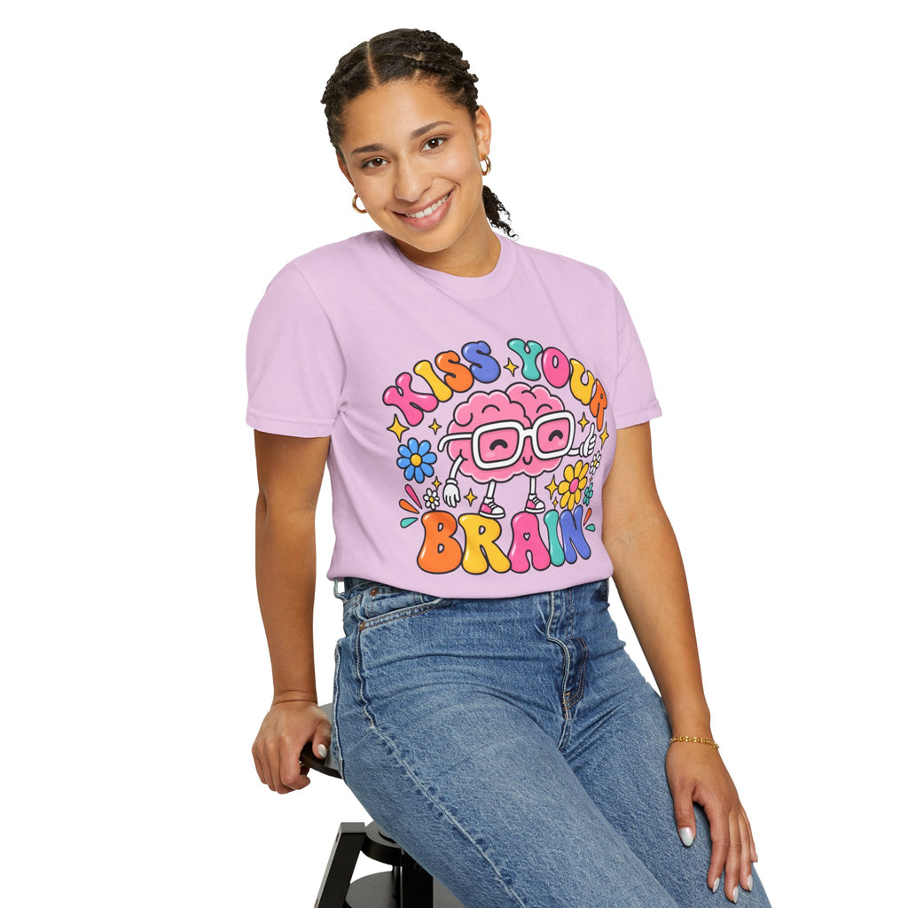 Kiss Your Brain BRI TEE | T-Shirt, Retro Cartoon Brain with Flowers