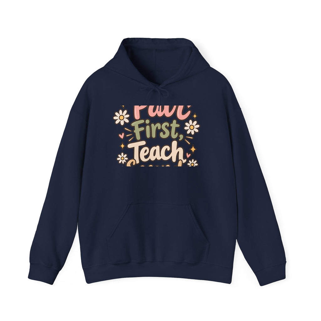 Teacher Hoodie — "But First Teach" Floral Retro Pullover