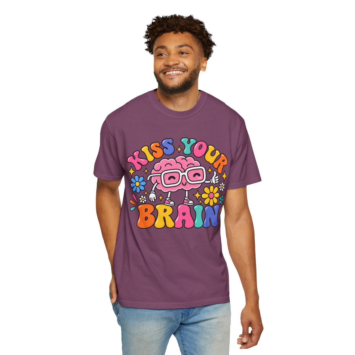 Kiss Your Brain BRI TEE | T-Shirt, Retro Cartoon Brain with Flowers