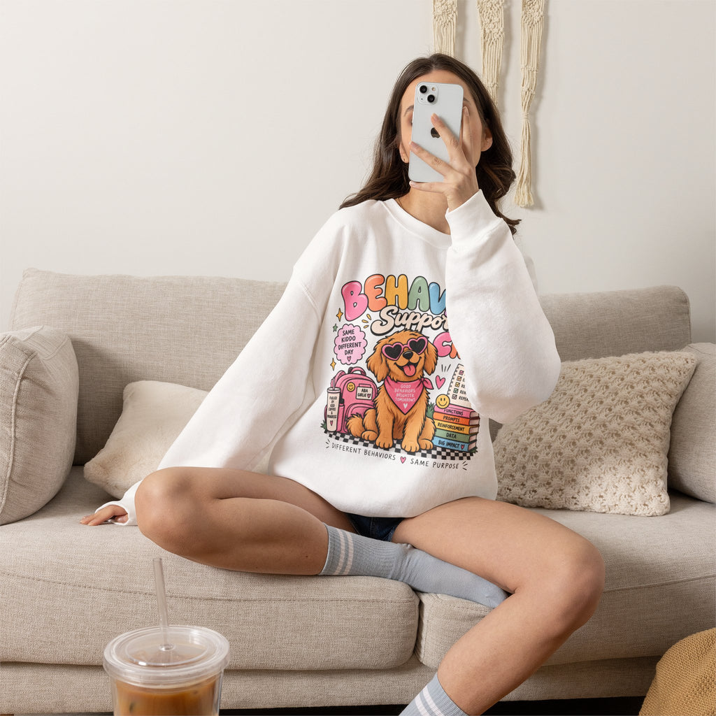 Behavior Support Crew sweatshirt | School Therapy Dog Design, Books & Classroom Icons