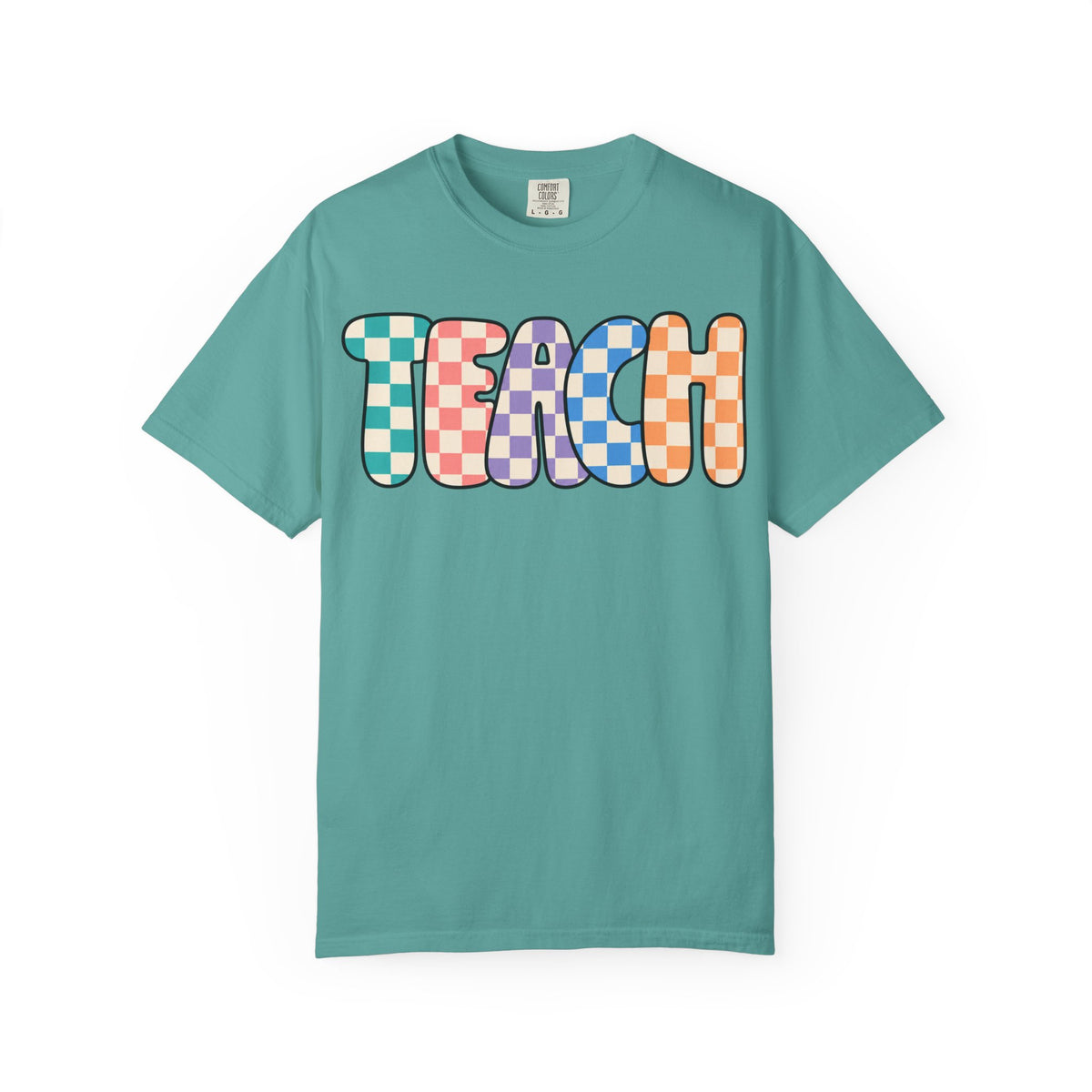Teach Bubble Letters Checkerboard T-Shirt | Colorful Retro School Tee