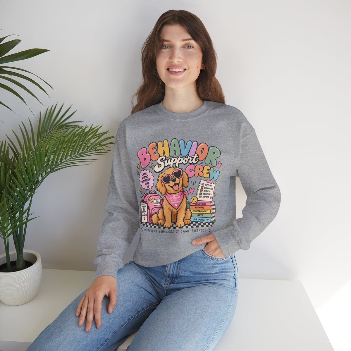 Behavior Support Crew sweatshirt | School Therapy Dog Design, Books & Classroom Icons