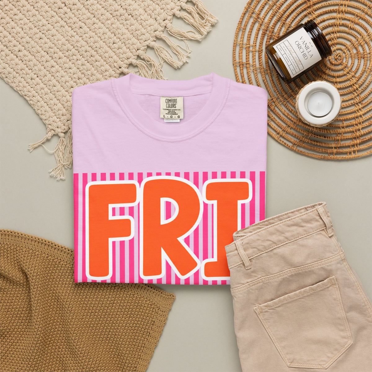 FRI yay T-shirt | Bright Retro Text, Pink Stripes