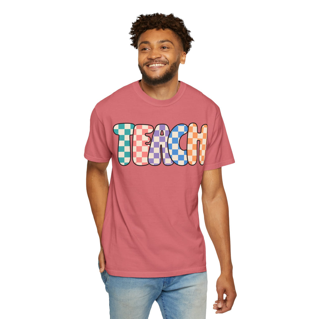 Teach Bubble Letters Checkerboard T-Shirt | Colorful Retro School Tee