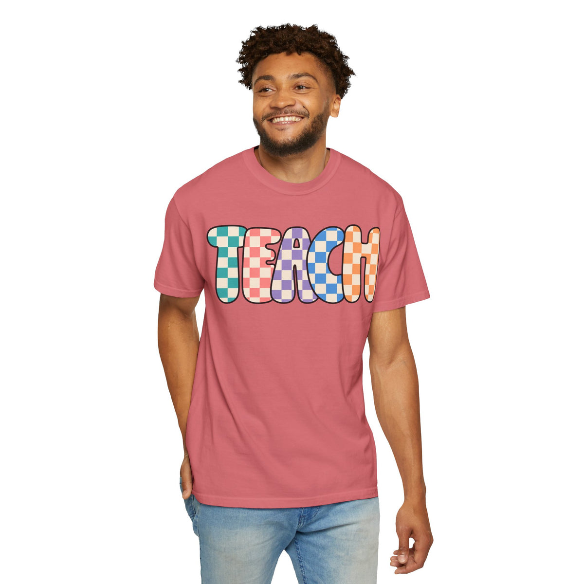 Teach Bubble Letters Checkerboard T-Shirt | Colorful Retro School Tee