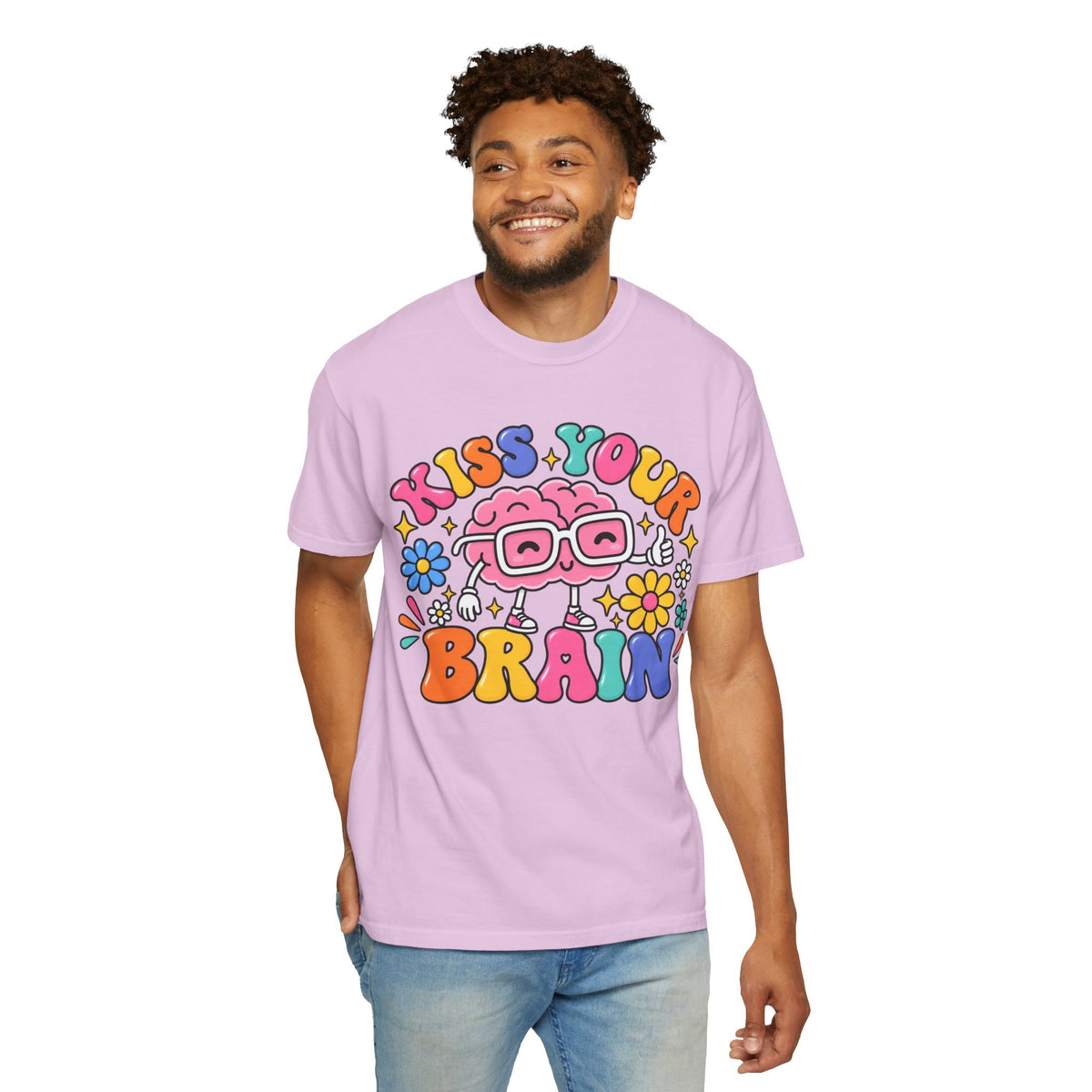 Kiss Your Brain BRI TEE | T-Shirt, Retro Cartoon Brain with Flowers