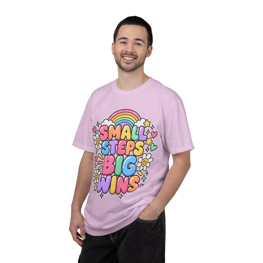 Small Steps Big Wins T-shirt | Retro Rainbow Positive Graphic