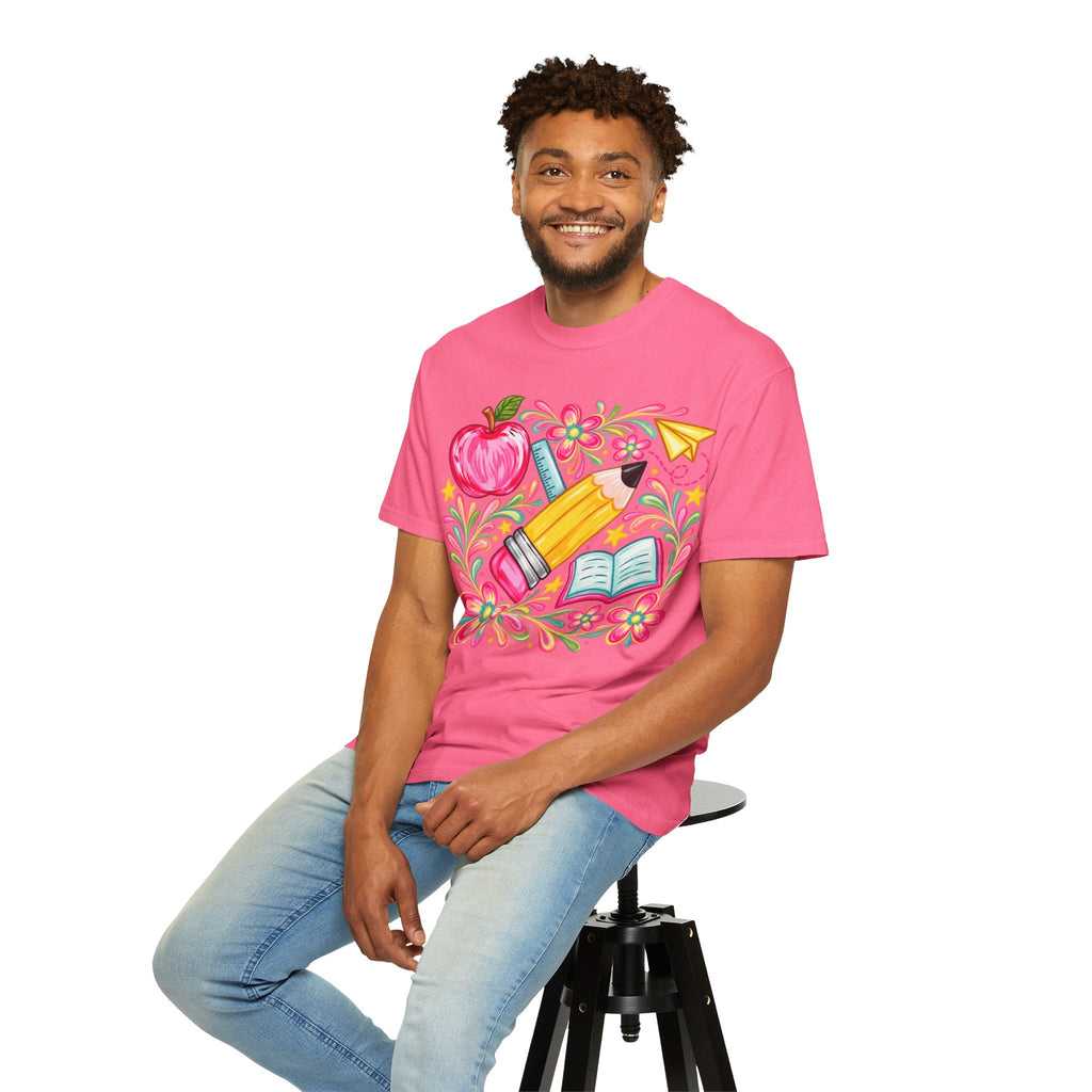 School Supplies Pencil Apple Floral T-shirt | Teacher Student Back to School