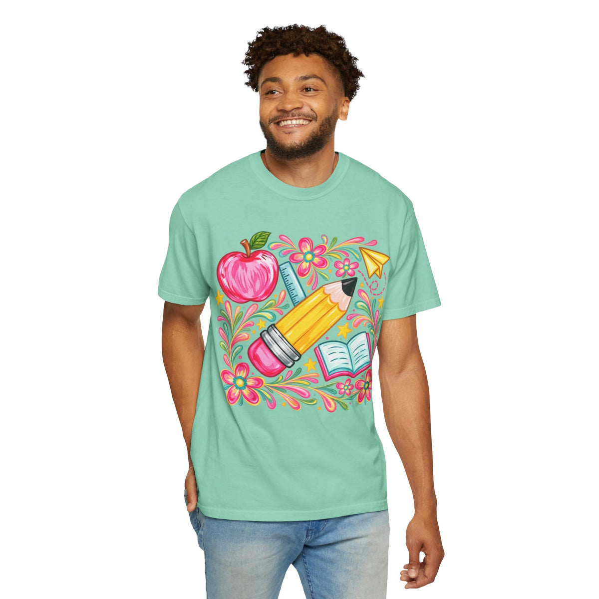 School Supplies Pencil Apple Floral T-shirt | Teacher Student Back to School
