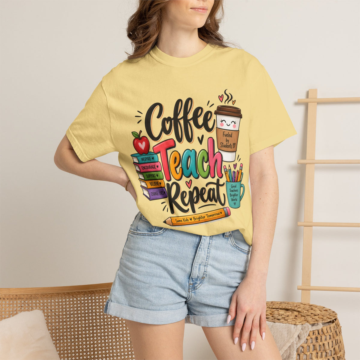 Coffee Teach Repeat T-shirt | Teacher Coffee Book Stack Pencil Mug Design