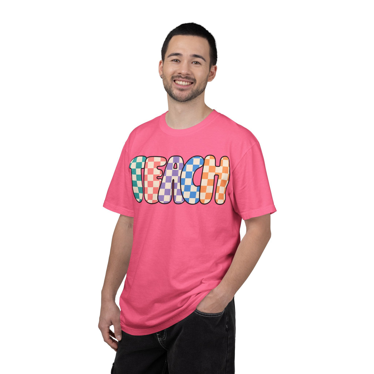 Teach Bubble Letters Checkerboard T-Shirt | Colorful Retro School Tee