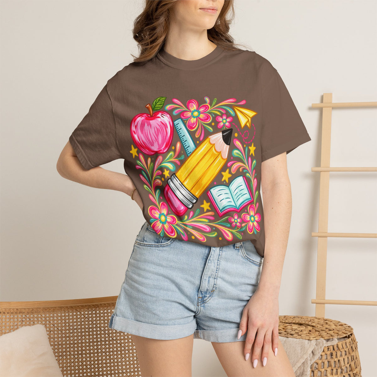 School Supplies Pencil Apple Floral T-shirt | Teacher Student Back to School