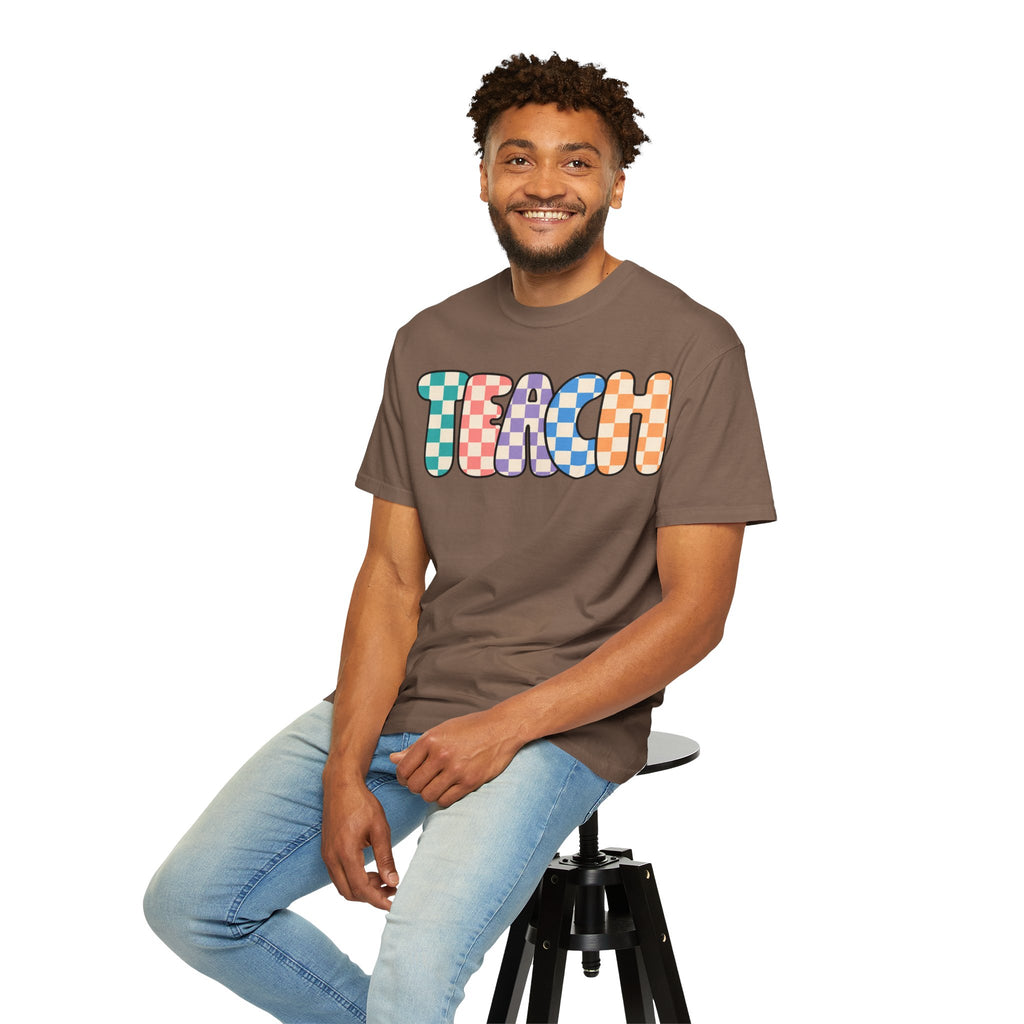 Teach Bubble Letters Checkerboard T-Shirt | Colorful Retro School Tee