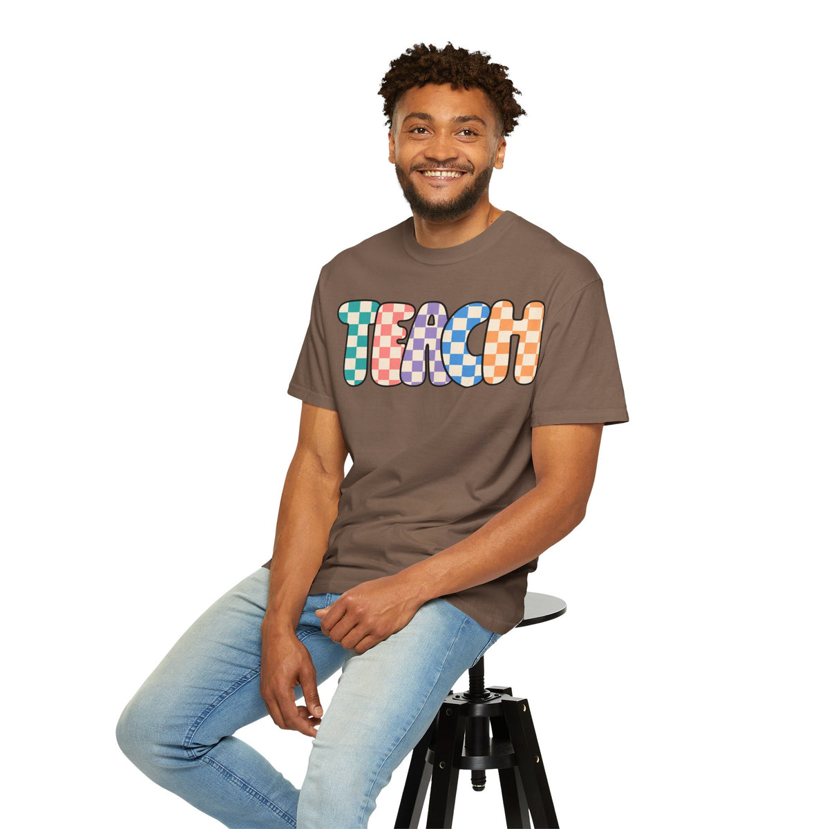 Teach Bubble Letters Checkerboard T-Shirt | Colorful Retro School Tee